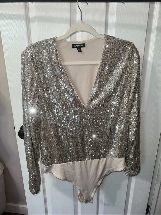 Express Tops - Express Silver Sequin V-Neck Long Sleeve Bodysuit